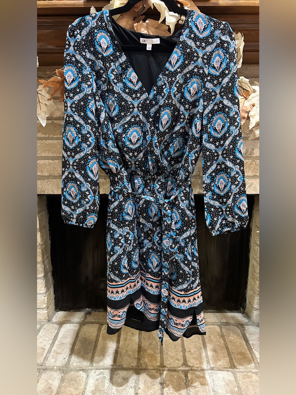DR2 Black Paisley Wrap Dress with Blue and Pink AccentsEUC